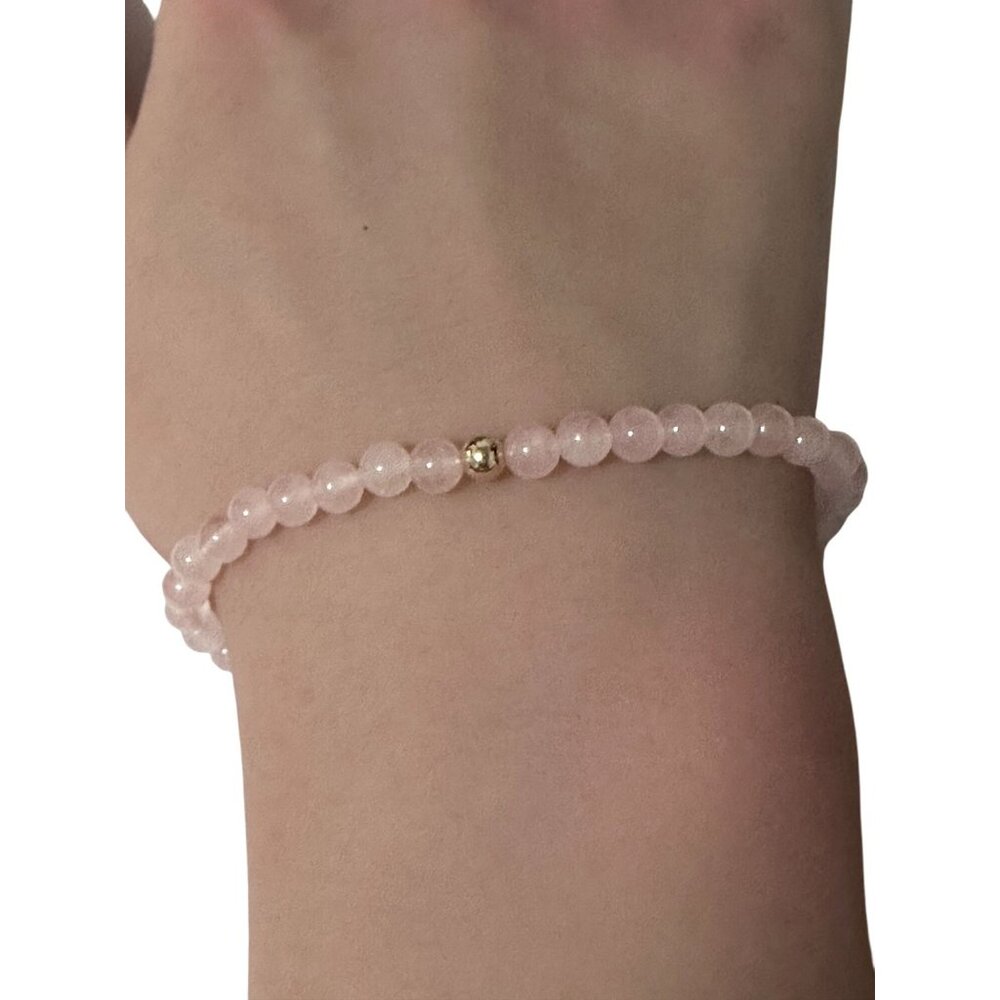 Gemstone Rose Quartz Mini 4mm Stretchable Bracelet 14k Yellow Gold Polished Bead - Picture 6 of 6